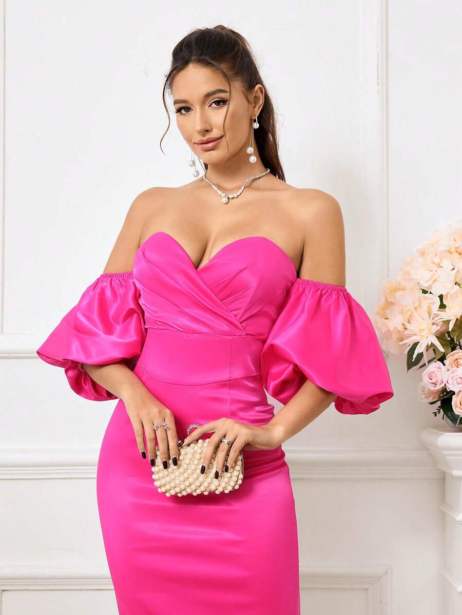 SHEIN Belle Off-The-Shoulder Bubble Sleeve Pleated Dress - Hot Pink - View 1