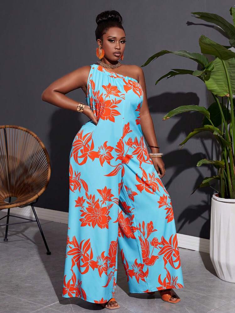 Slaydiva Plus Size Vacation Leisure One Shoulder Floral Wide Leg