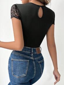 Zolique Women's Sexy Plain Lace Joint Hollow Out Bodysuit - Black - View 2