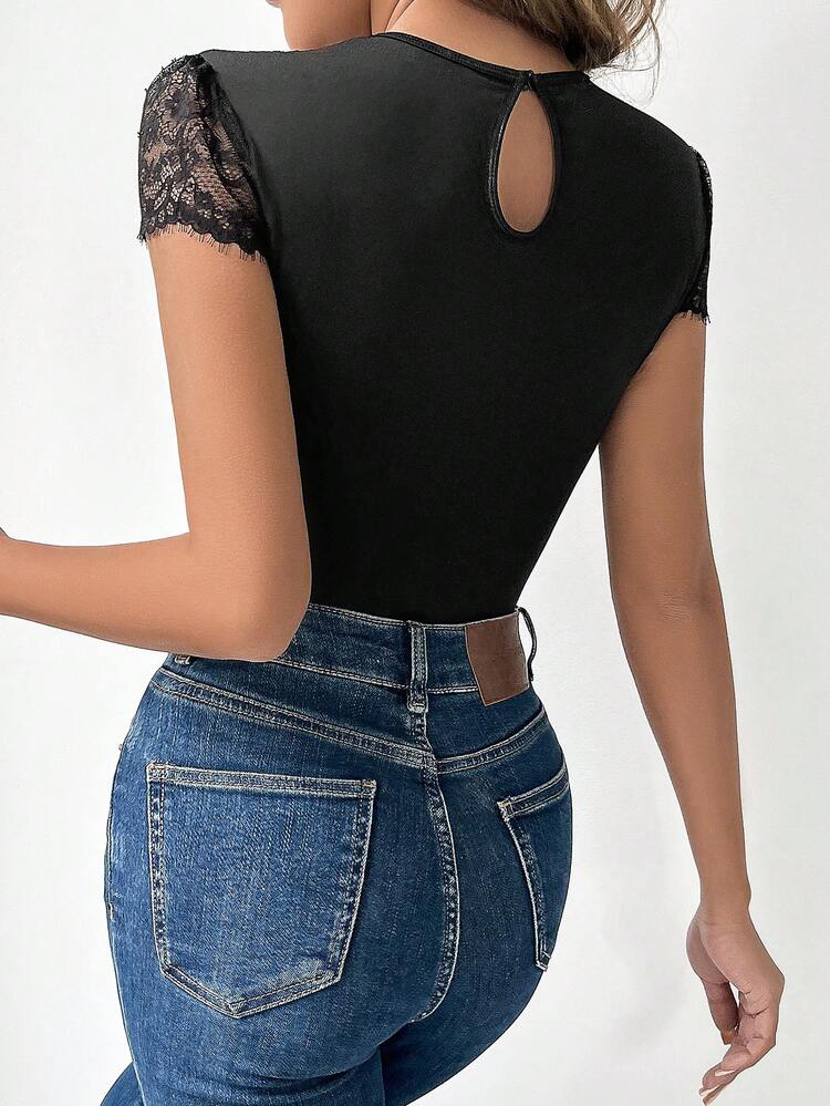 Women's Sexy Plain Lace Joint Hollow Out Bodysuit