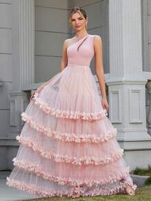 LOVE&LEMONADE Damen Abendkleid mit einer Schulter, Cut-outs, rosa, ärmellos, mehrlagigem Tüll und 3D-Blumendekor am Saum - Pink - Übersicht 5