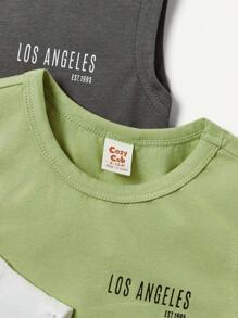Cozy Pixies Summer Baby Boy 3pcs Set: Sleeveless Wide Strap Round Neck Tee With Decorative Weave Labeling And Letter Pattern Design