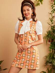 SHEIN DECDS Vestido vintage de campo de los años 60 para mujer, primavera/verano, de línea A con empalme de colores contrastantes, con lazo y correas, vestido corto renacentista a la moda con estampado y patrones divertidos, colores contrastantes, vestido floral, vestido de profesora, vestido informal, vestido corto de verano - Naranja - Ver 1