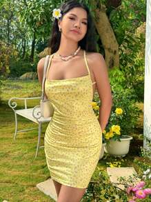 SHEIN Unity Women's Cross Design Floral Print Backless Dress - Yellow - View 4