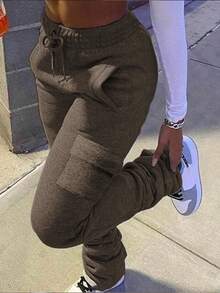 SHEIN LUNE Quần Jogger Túi Tối Giản Màu Trơn Cỡ Lớn, Thích Hợp Cho Mùa Xuân Và Mùa Thu - Màu Khaki - Xem 4