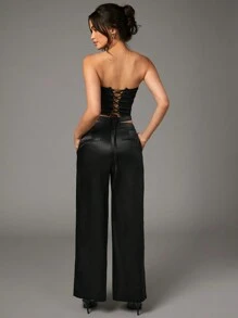 SHEIN BAE Pantalones de pierna recta y pierna ancha de satén negro con cintura hueca en V para mujeres profesionales de negocios - Negro - Ver 2