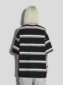 Coolane Street Fashion Oversize Black And White Striped Color Block Casual Loose Short Sleeve T-Shirt - Black and White - View 2