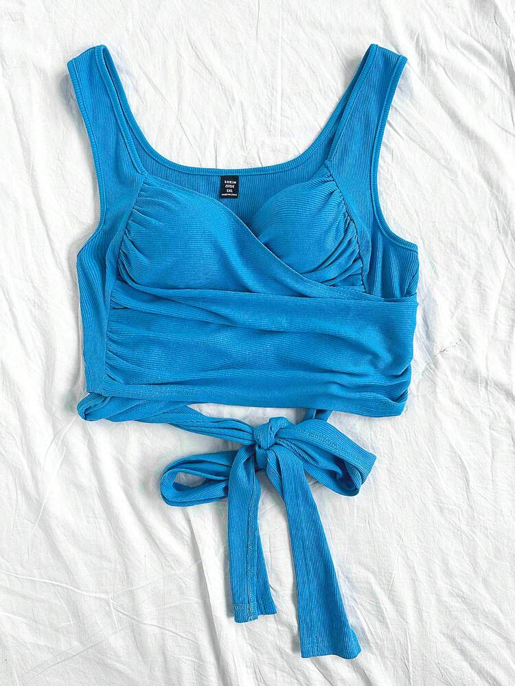 Women's Plus Size Solid Color Gathered Tie Front Cropped Tank Top For Summer