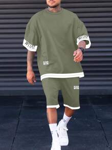 Manfinity Homme Men Plus Letter Graphic Drop Shoulder 2 In 1 Tee & Shorts - Army Green - View 1