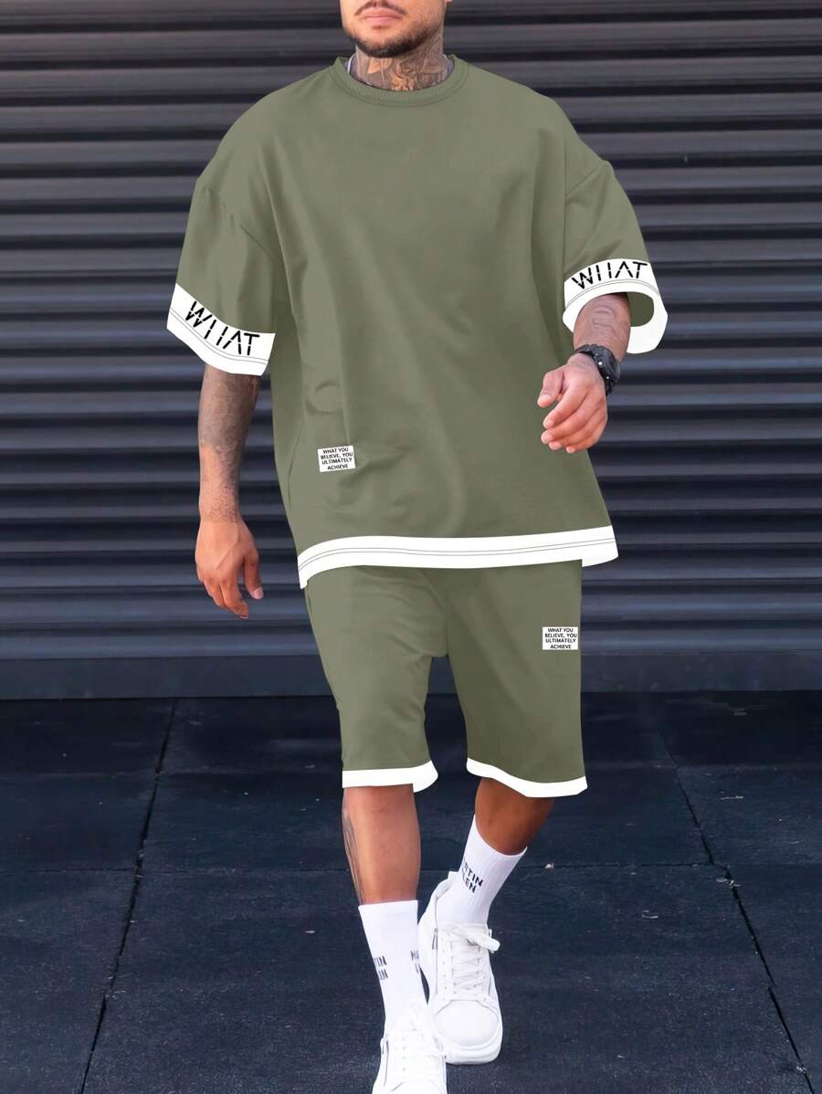 Manfinity Homme Men Plus Letter Graphic Drop Shoulder 2 In 1 Tee & Shorts - Army Green - View 1
