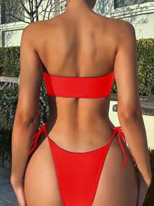 Swim SXY 夏季女士度假圆环连接镂空抹胸比基尼套装 - 紅色 - 查看 2