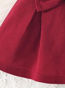 SHEIN Fashionable Baby Girls' Solid Color Dress With Bow Decoration - Burgundy - View 6