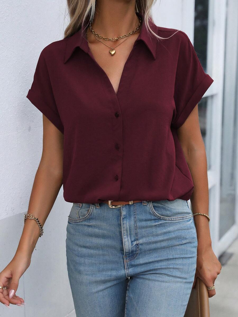 EMERY ROSE Summer Casual Button Up Batwing Sleeve Shirt,Short Sleeve Tops - Maroon - View 1