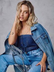 SHE(IN) BRASIL Nút phía trước Ống Tops Denim - Rửa tối - Xem 3