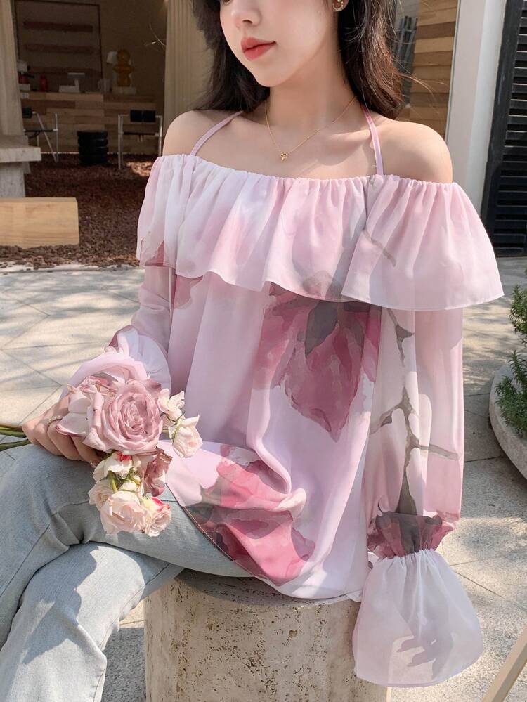 Off Shoulder Loose Fit Long Sleeve Blouse With Ruffle Trim For Women