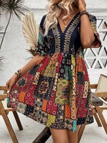 SHEIN LUNE Women's A-Line V-Neck Batwing Sleeve Patchwork Printed Dress, Spring/Summer - Multicolor - View 3