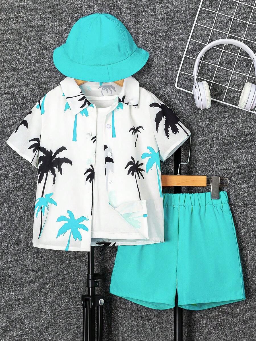 Babyhug Cotton Knit Half Sleeves Coconut Tree Printed Shirt & Shorts Set - Beige