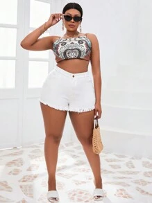 SHEIN SXY Kích thước lớn Của phụ nữ Mùa hè Đúng mốt Quần short Denim Với Tầng Trung Và Frayed Hem - trắng - Xem 3