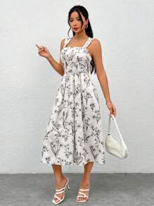 SHEIN PETITE Mùa hè Lãng mạn Hoa In Dây đeo Mì Ý  Đầm - trắng - Xem 6