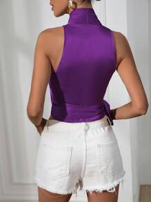 SHEIN Unity Blusa de mujer sin mangas con lazo de unicolor de verano - Morado - Ver 2