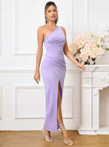 SHEIN Belle One-Shoulder Ruffle Hem Asymmetric Split Women's Dress With Overlap Detail - Lilac Purple - View 7