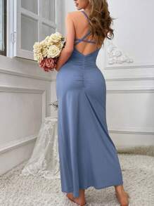 DUSKBASE Solid Color Slim Fit Backless Camisole Home Dress, Long Dress - Blue - View 2