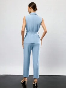 SHEIN Privé Ladies' Solid Color Sleeveless Vest And Suit Set  - Blue - View 2