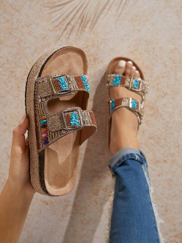 SHUZIA Sandalias de cuña de estilo bohemio para mujer con decoración de piedras de colores, zapatos de verano, zapatos de primavera, zapatos para vacaciones de primavera, Pascua, zapatos casuales, zapatos de playa, regalo del Día de la Madre