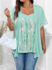 EMERY ROSE 大码 V 领拼接绿白花卉印花不对称下摆休闲 T 恤，度假理想之选 - 薄荷藍 - 查看 1