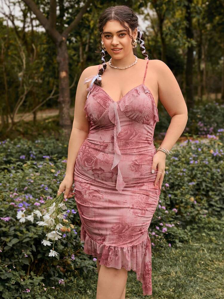 Plus Size Vacation Floral Print Asymmetric Hem Bodycon Cami Dress With Ruffled Trim