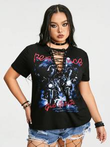 ROMWE Grunge Punk Kích thước lớn Xoăn Lỏng lẻo sâu Cổ chữ V Ngắn tay Áo thun Với Rock Lễ hội Mẫu In - màu đen - Xem 1