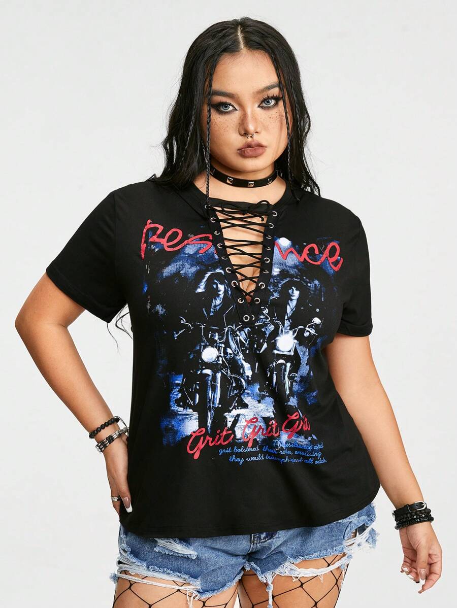 ROMWE Grunge Punk Kích thước lớn Xoăn Lỏng lẻo sâu Cổ chữ V Ngắn tay Áo thun Với Rock Lễ hội Mẫu In - màu đen - Xem 1