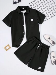 SHEIN Teen Boys' Casual Loose Fit Logo Woven Short Sleeve Shirt And Shorts Set - Black - View 1