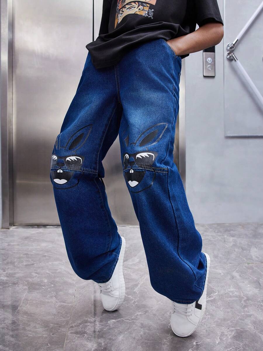 SHEIN Tween Boy Water-Washed Casual Fashionable Cute Rabbit Printed Jeans - Dark Wash - View 1