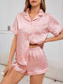 SHEIN 女士提花领短袖衬衫和短裤睡衣套装，适合夏季 - 粉色 - 查看 4