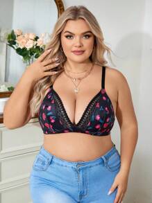 Reggiseno Wireless Con Stampa Floreale Per Taglie Forti, Con Pizzo E Patchwork, 1 Pezzo - Multicolore - Visualizzare 2