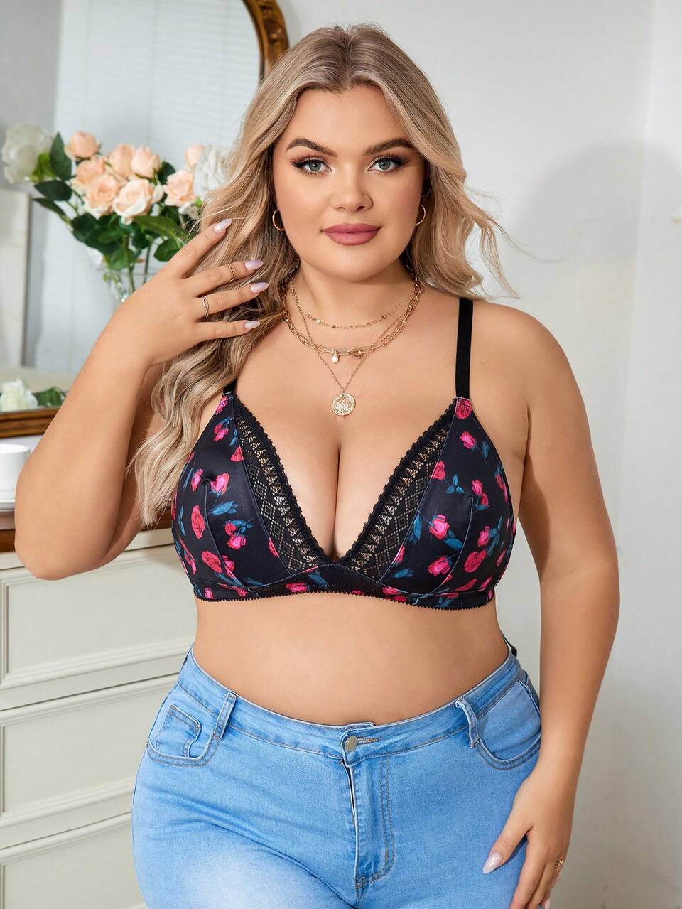 Plus Size Floral Printed Lace Patchwork Wireless Bra, 1pc