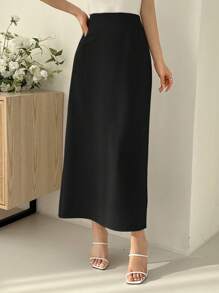 DAZY Falda midi de unicolor con abertura alta en forma de cola de pez para mujer, de verano - Negro - Ver 5