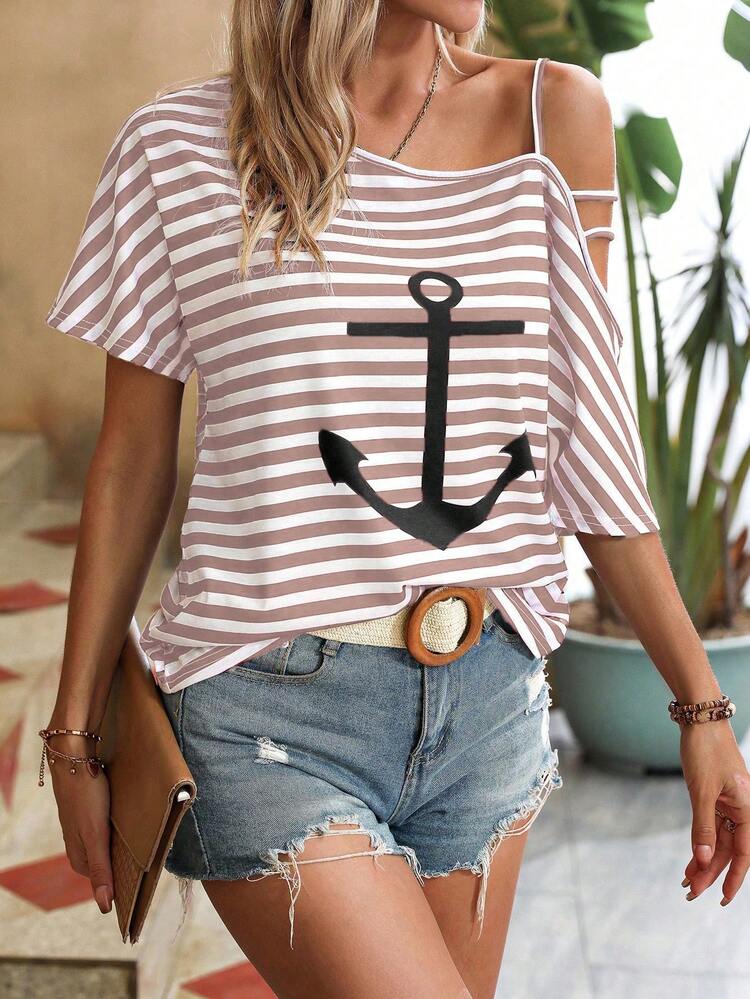 Striped And Anchor Printed Asymmetrical Shoulder Batwing Sleeve T-Shirt