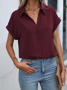 EMERY ROSE Summer Casual Button Up Batwing Sleeve Shirt,Short Sleeve Tops - Maroon - View 7