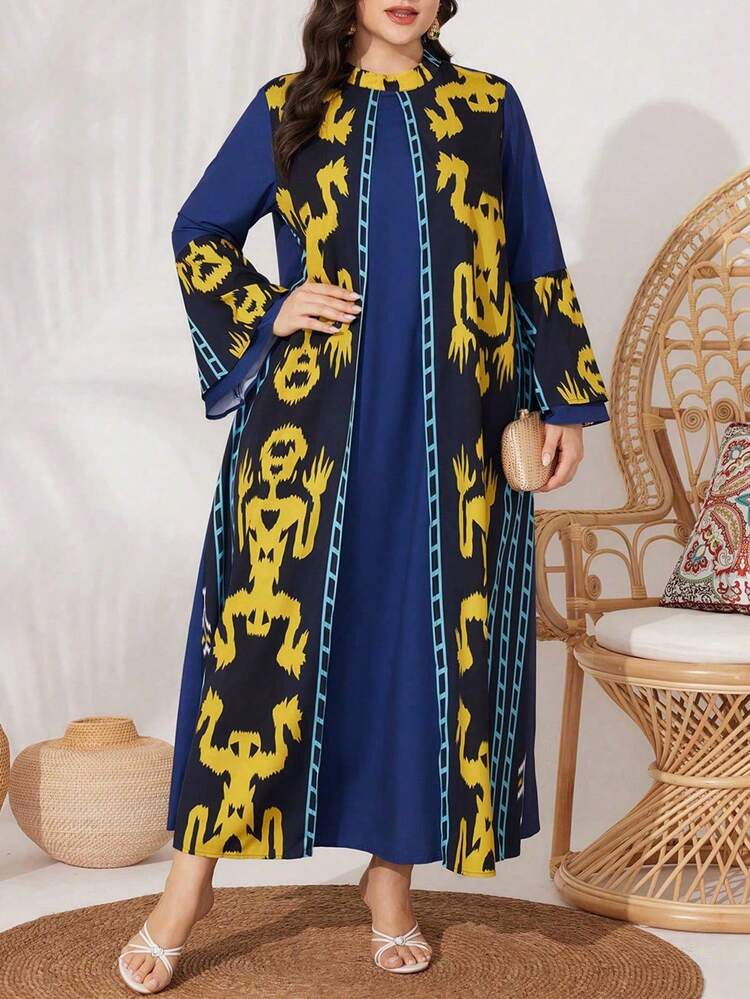 Plus Size Geometric Pattern Long Sleeve Dress