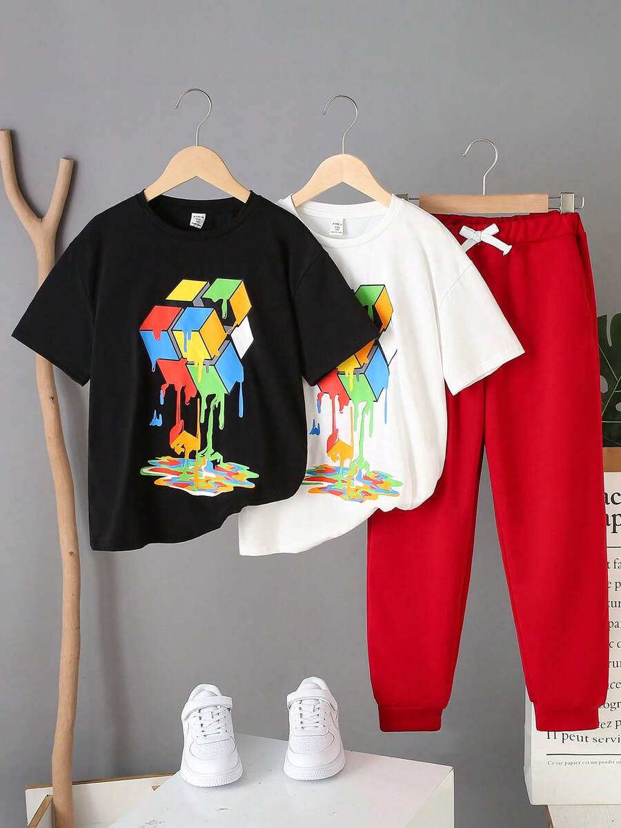 少年男孩休閑印花寬鬆短袖圓領上衣,兩種顏色,搭配針織長褲裝 - 彩色 - 查看 1