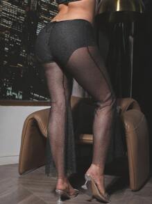 Zolique Pantalones Acampanados De Cintura Elástica Y Malla Con Hilo Lurex - Negro - Ver 2