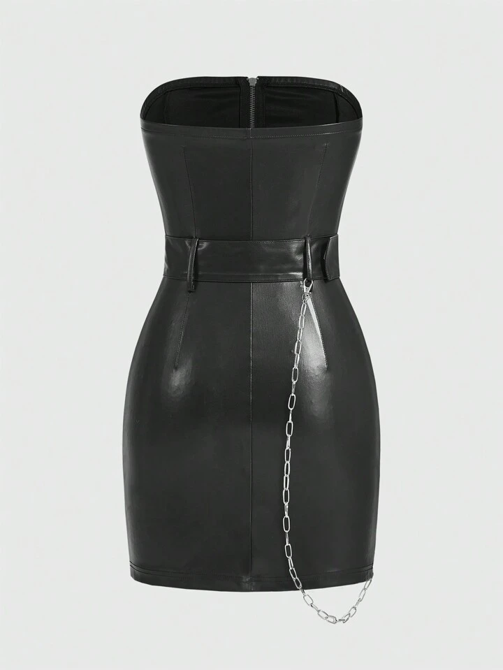Our Grunge Punk Sexy Strapless Zipper Belted Faux Leather Dress For Women,  School is such a vibe - ROMWE