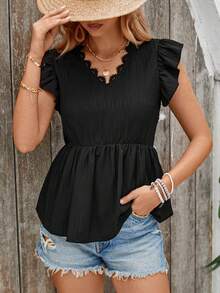 SHEIN LUNE 純色蕾絲飄帶短袖上衣 - 黑色 - 查看 3