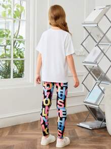 SHEIN Leap Crew 少女字母印花拼接短袖T恤和褲子休閒2件套