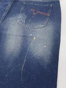 Men Graphic Print Ripped Frayed Bermuda Denim Shorts - Dark Wash - View 3