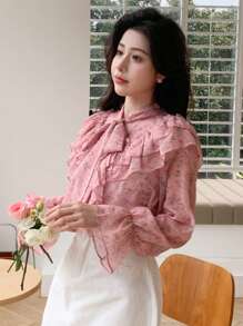 DAZY Long Sleeve Ruffle Collar Bow Blouse,Fall Clothes - Pink - View 6