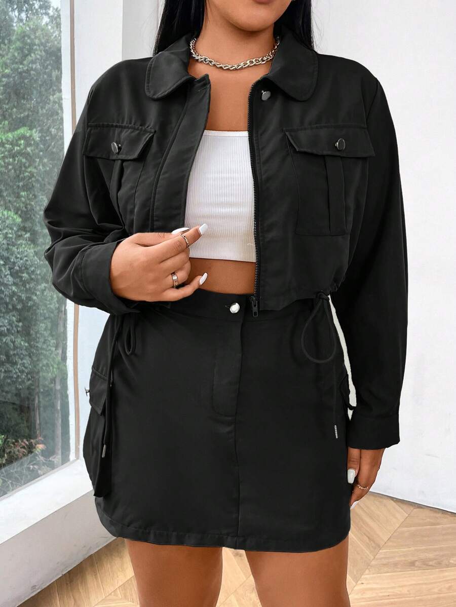 Flirla Plus Size Solid Color Jacket & Skirt Workwear 2pcs/Set Fall Cloth For Women - Black - View 1