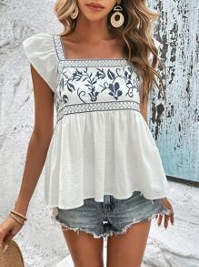SHEIN VCAY Ngày lễ Phong cách Thêu Ruffle Cạnh Cổ vuông Ngắn tay Áo sơ mi - Màu xanh hải quân - Xem 1